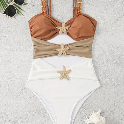Fashion Stitching Metal Buckle One-piece Swimsuit