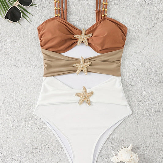 Fashion Stitching Metal Buckle One-piece Swimsuit