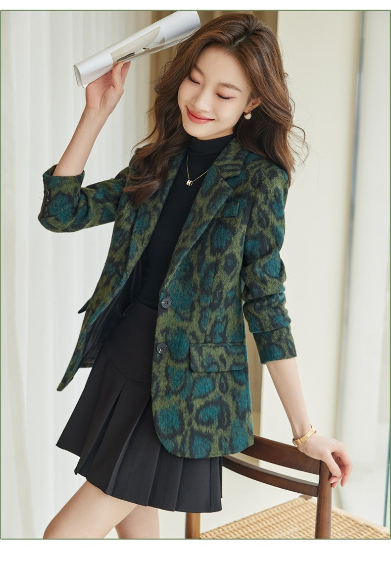 Business Suit Leopard Print Woolen Versatile Retro Coat