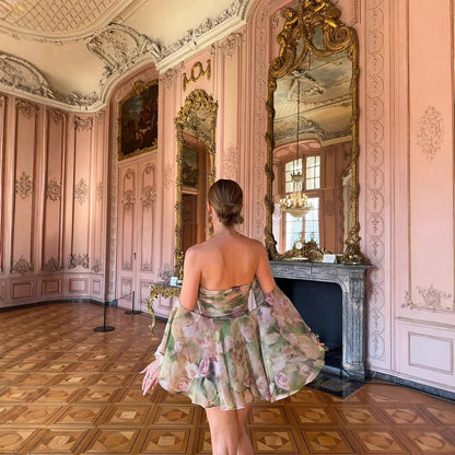 Chiffon Printed Ruffled Cloak Wrapped Chest A- Line Dress