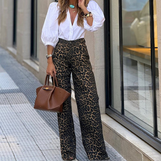 Women's Fashion Temperament Leopard Print Straight Casual Trousers