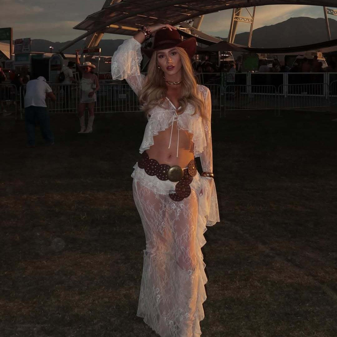 Ruffled Flared Sleeve Lace Navel Sexy Transparent Skirt