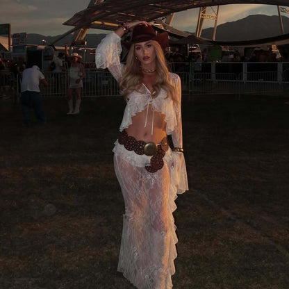 Ruffled Flared Sleeve Lace Navel Sexy Transparent Skirt