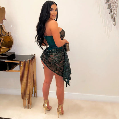 European And American Sexy V-neck Tube Top See-through Sequins Dress Women