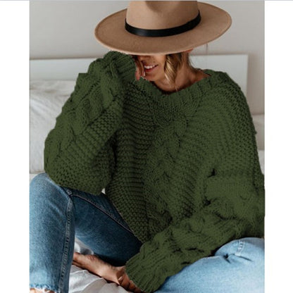 Solid color pullover round neck twist loose sweater