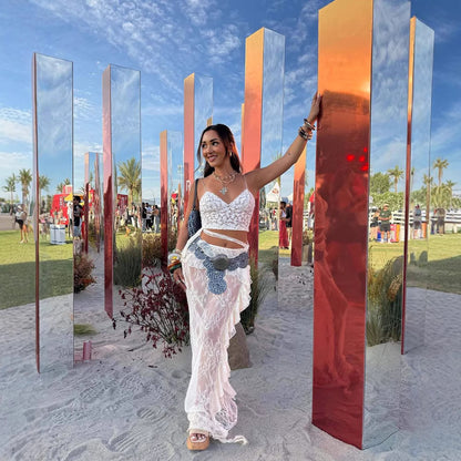 Ruffled Flared Sleeve Lace Navel Sexy Transparent Skirt