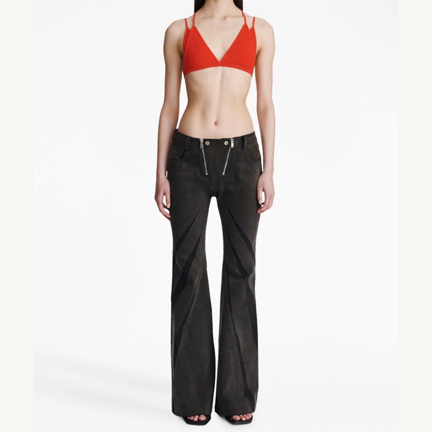 Color Contrast Patchwork Tube Top Three-dimensional Elastic Washed Jeans Two-piece Set