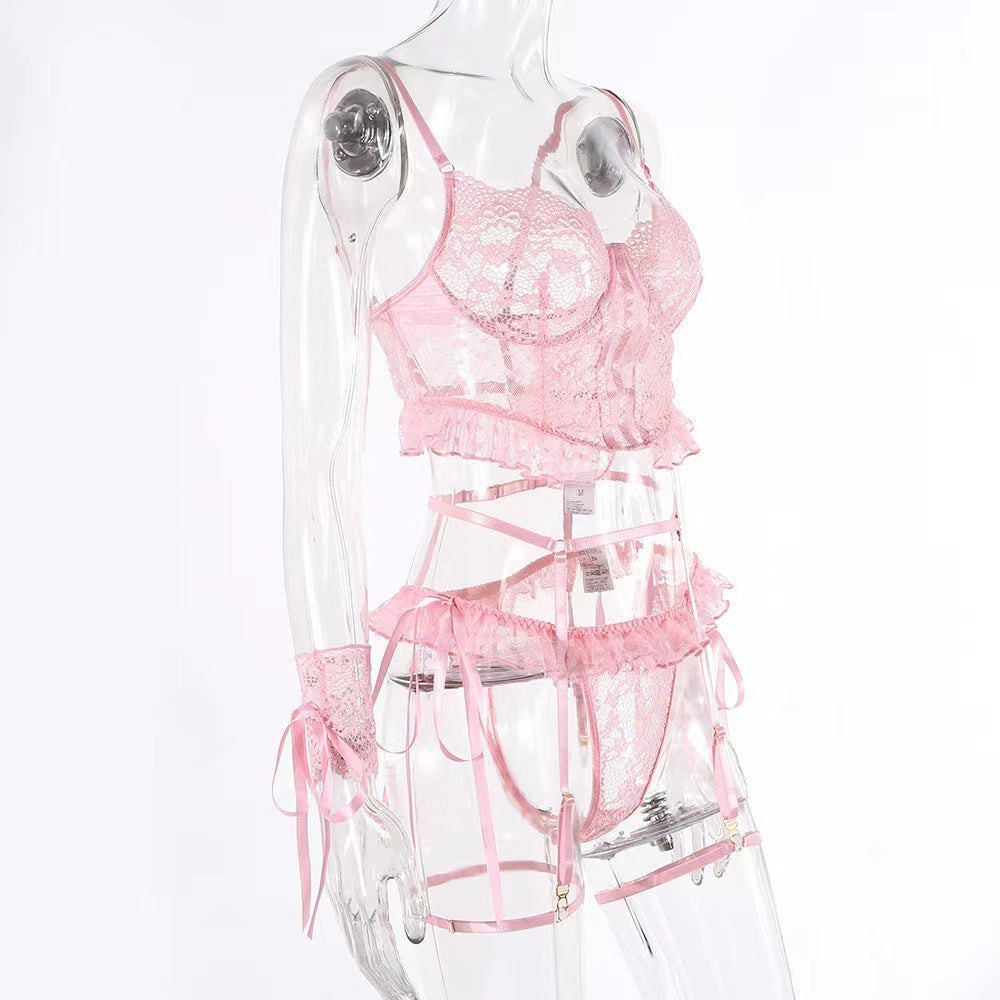 Embroidered Lace Underwear Backless Hollow-out Sexy 4 PCs Set