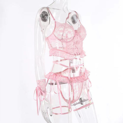 Embroidered Lace Underwear Backless Hollow-out Sexy 4 PCs Set