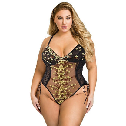 Plump Girls Sexy Jumpsuit Fashionable Embroidered Mesh Underwear With Steel Ring Free Off
