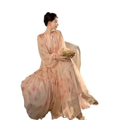 French Chiffon Floral Dress Women