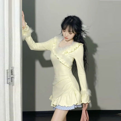 Pure Desire Style Sweet Dress Spring And Autumn Ruffled Waist-tight Slimming Sense Of Design V-neck Patchwork Fake Two Pieces