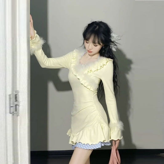 Pure Desire Style Sweet Dress Spring And Autumn Ruffled Waist-tight Slimming Sense Of Design V-neck Patchwork Fake Two Pieces