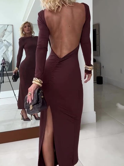 Brown Backless Long Sleeve Maxi Dress