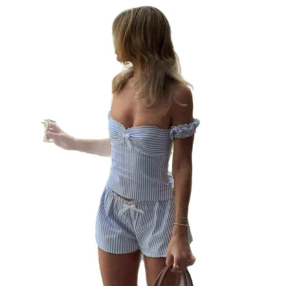 French Pastoral Girl Off-shoulder Lace Fluted Collar Striped Top Shorts Casual Suit