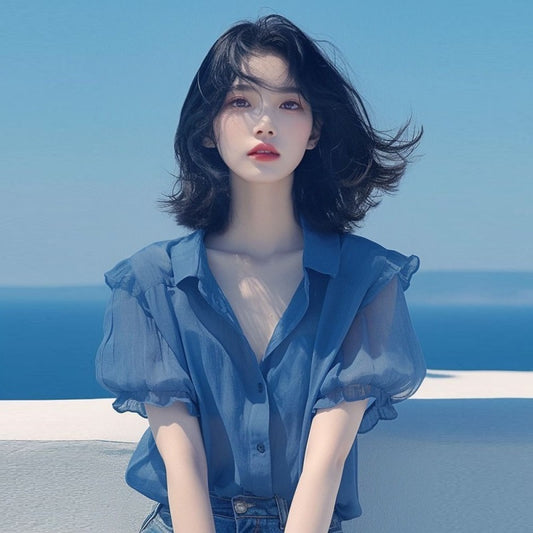 French Style Temperament Blue Puff Sleeve Chiffon Small Shirt