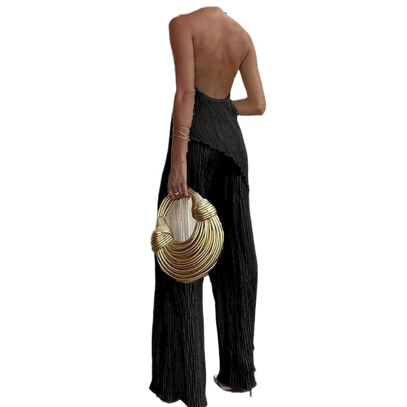 Women's Halter Elastic Waist Polyester Fiber Sleeveless Sports Suit