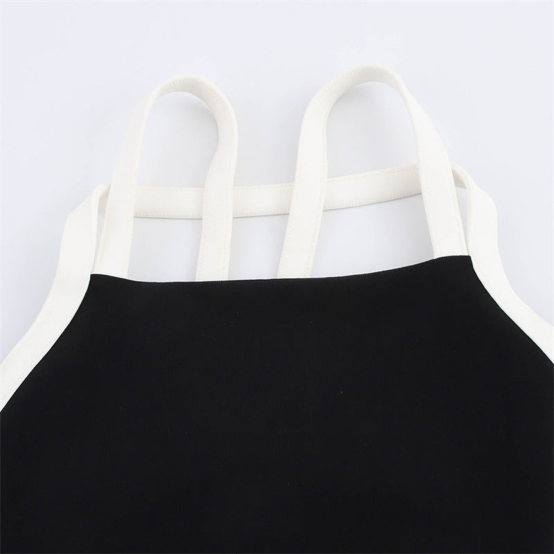 Personality Fashion Color Contrast Elastic Hanging Collar Dress