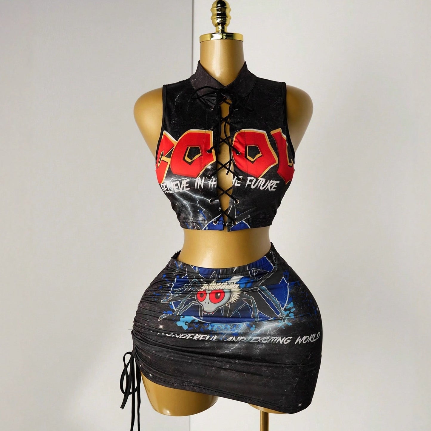 Women's Halter Strap Fashion Print Top Skirt Outfit