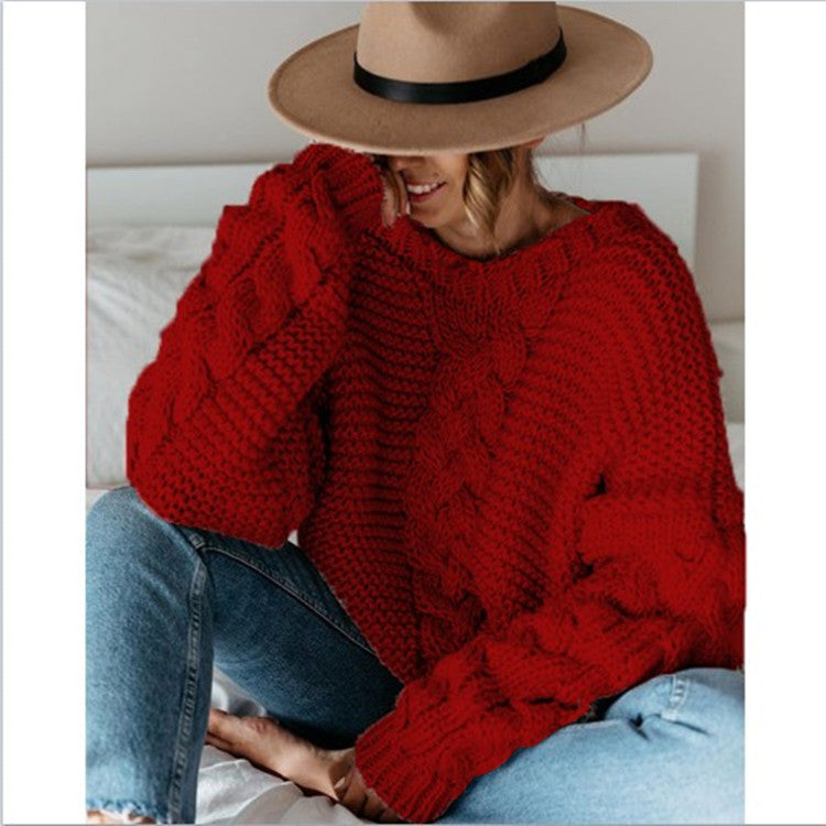 Solid color pullover round neck twist loose sweater