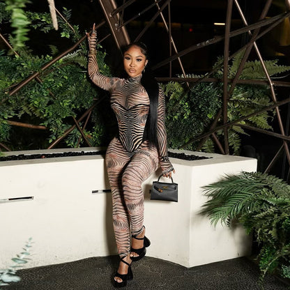 European And American Sexy Fashion Zebra Prints Mesh Finger Fit Design Long Sleeve High Waist One-piece Trousers