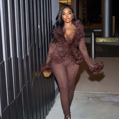 Fur Collar Trendy Lace Up Top Tight Stretch Trousers Suit