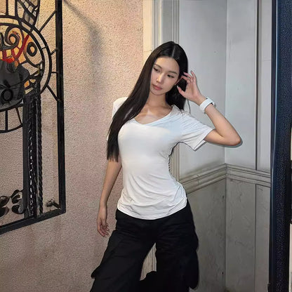 V-neck Shoulder Short Sleeve Waist-controlled Slimming Solid Color Top