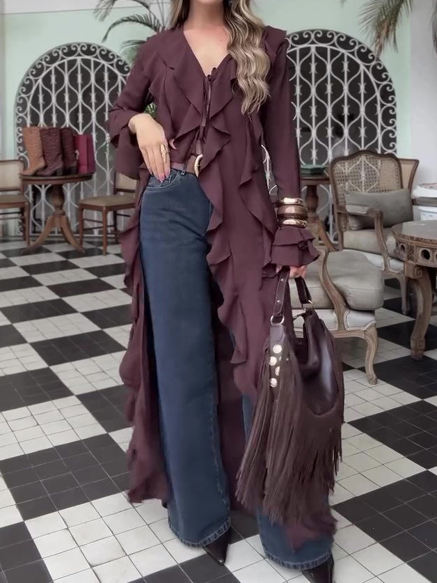 Bohemian Ruffled Long Sleeve Maxi Cardigan Top