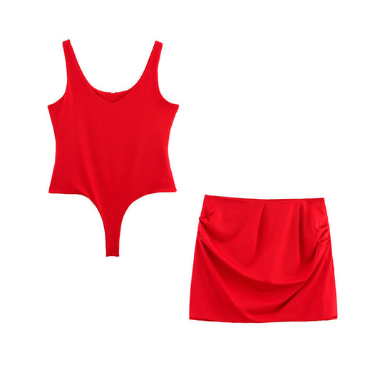 Solid Color Sleeveless Cold-shoulder Sexy Jumpsuit Base Clothing Slim Fit Slimming Ruffle Hip One-step Skirt