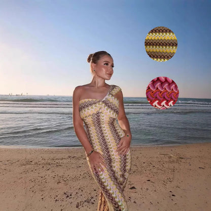 Lace Slim-fit Oblique Shoulder Beach Holiday Dress