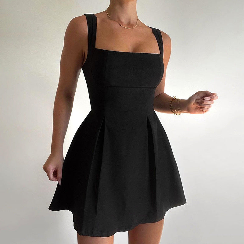 New Solid Color Sling Slim-fit Pleated Skirt High Waist Dress