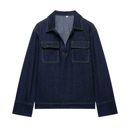 Fashion Loose Blue Denim 2-piece Set Vintage Long Sleeve Shirt Trousers