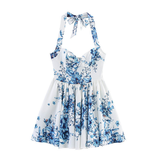 European And American Style Women's Fashion Sexy Hot Girl Printed Halter Dress