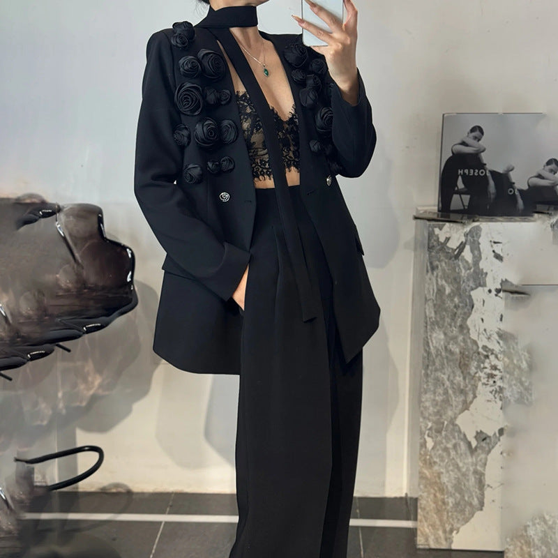 Stitching Flower Ribbon Suit Jacket High Waist Slim Suit