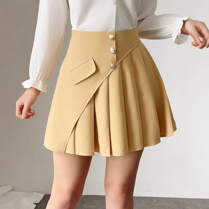 Solid Color Pleated Front Button Design, Women's Temperament Commuting A-line Skirt