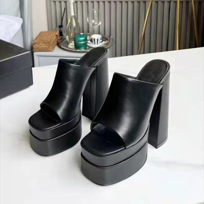 European And American New High-heeled Square Toe Shoes