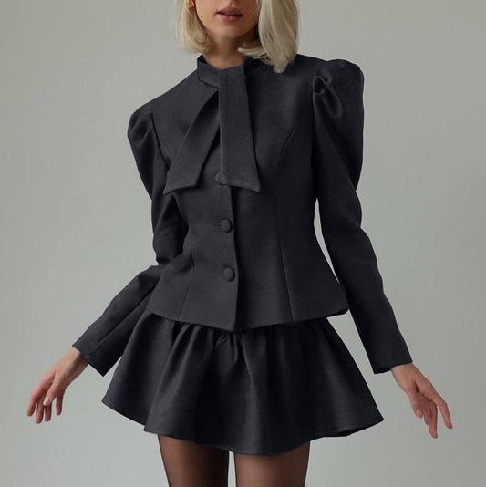 Bow Tie Long Sleeve Suit Top Skirt Two-piece Set