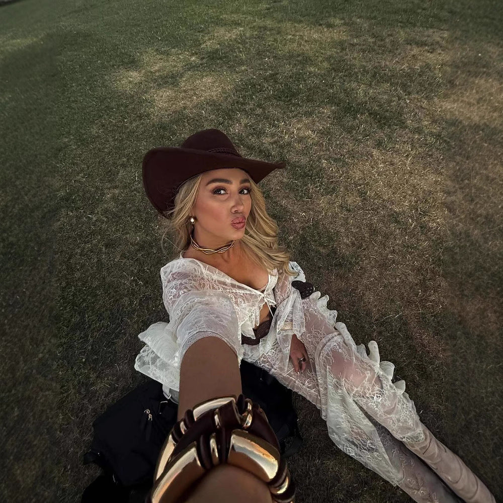 Ruffled Flared Sleeve Lace Navel Sexy Transparent Skirt