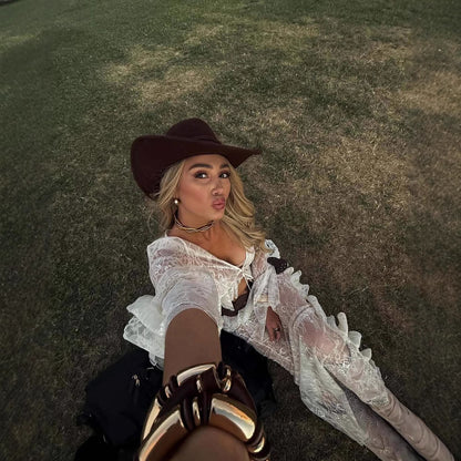 Ruffled Flared Sleeve Lace Navel Sexy Transparent Skirt