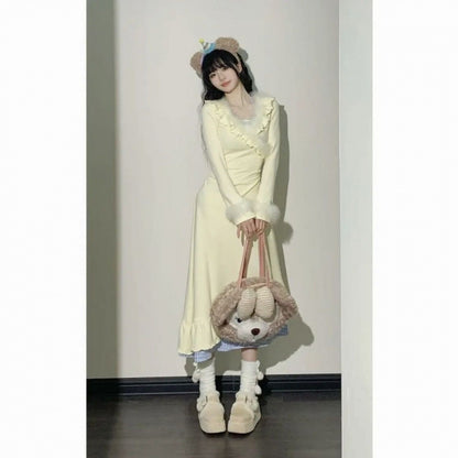 Pure Desire Style Sweet Dress Spring And Autumn Ruffled Waist-tight Slimming Sense Of Design V-neck Patchwork Fake Two Pieces