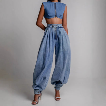High Waist Zipper Denim Loose Harem Pants