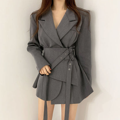 New Adjustable Double Belt Coat Female Slimming False Two-piece Skirt Suit