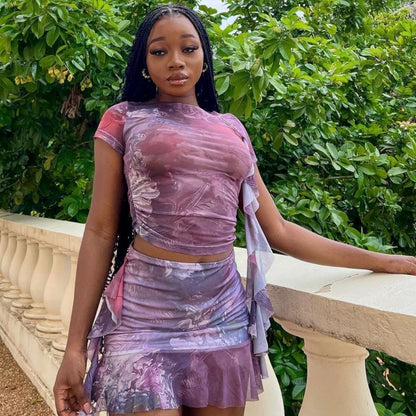 Mesh Floral Print Tight Skirt Ruffled Short Top Midi Skirt