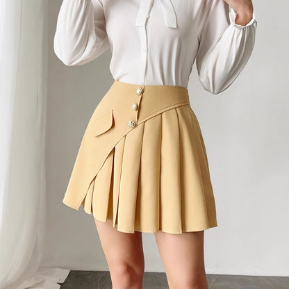Solid Color Pleated Front Button Design, Women's Temperament Commuting A-line Skirt