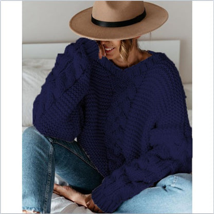 Solid color pullover round neck twist loose sweater