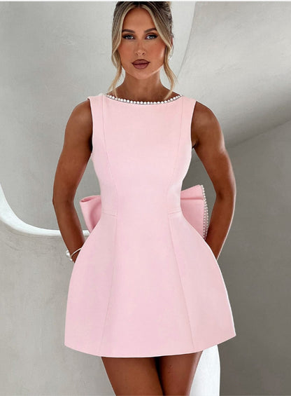 Fashion Big-Bowed Pearls Backless Dress Summer Slim Sleeveless A-line Dresses For Party Evening Women's Clothing