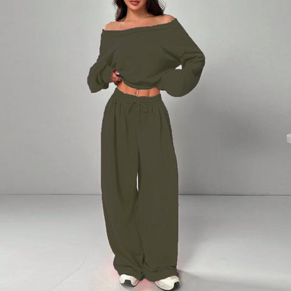 Women's Fashion Slim-fit Off-the-shoulder Navel Solid Color Casual Pants Suit