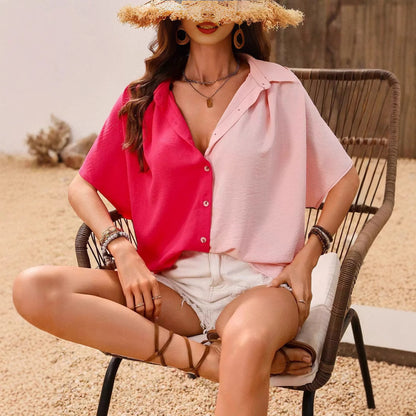 Design Lapel Single Breasted Loose Short Sleeve Split Shirt Top