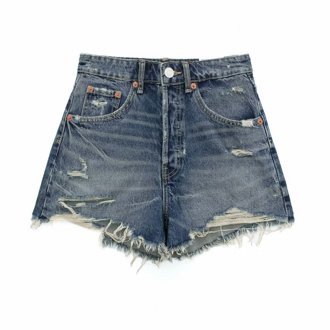 Perforated Hole Decoration High Waist Denim Shorts