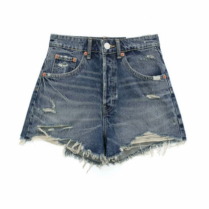 Perforated Hole Decoration High Waist Denim Shorts